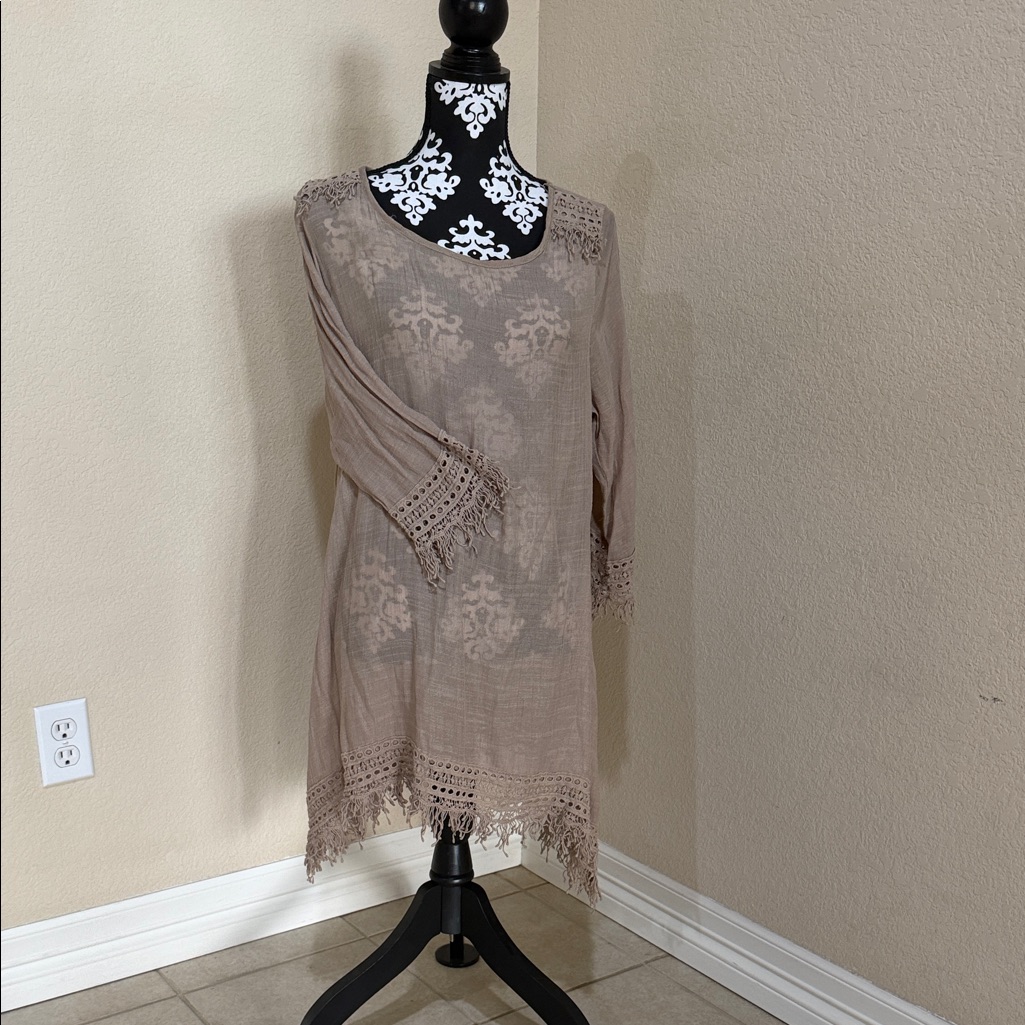 Elegant Tan Lace Trim Dress